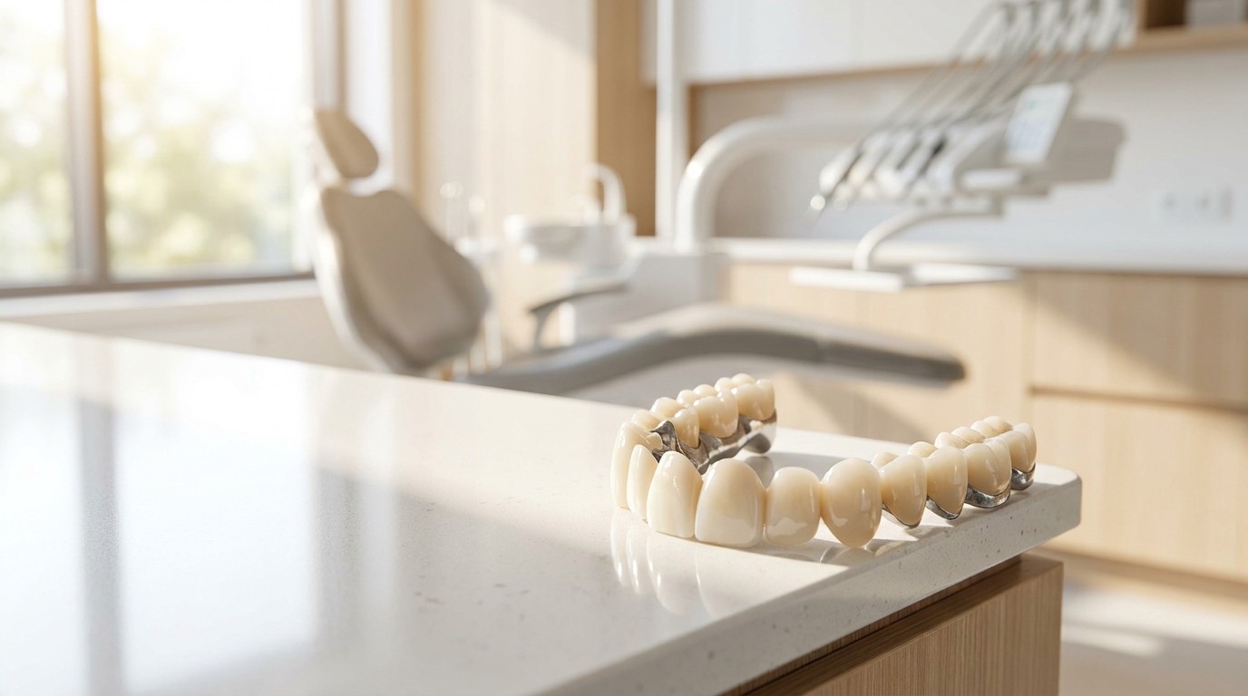 A porcelain dental bridge model sits on a clean surface inside a bright modern dental office.