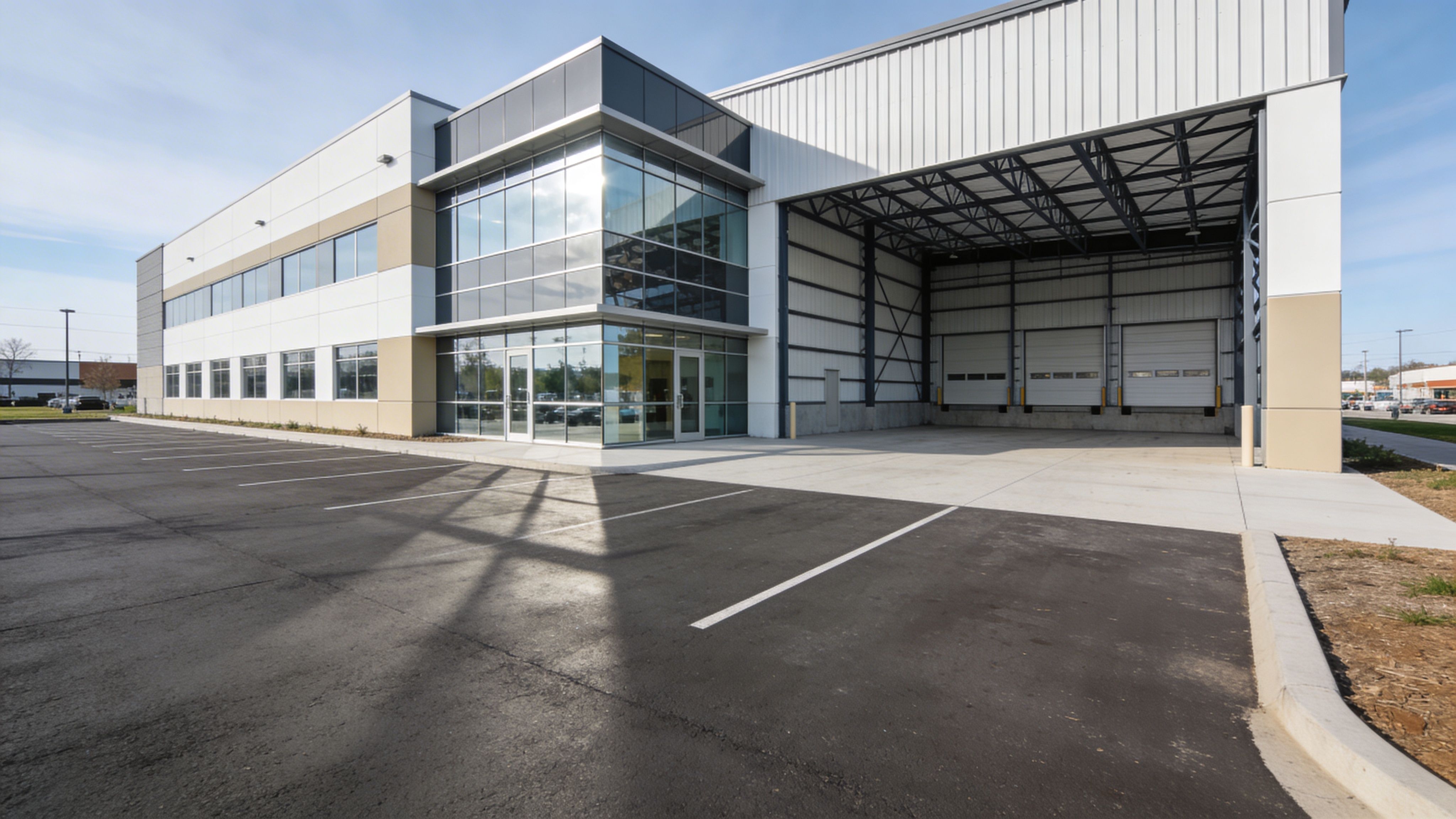 Contemporary commercial building exterior with glass facade, loading bay, and parking area