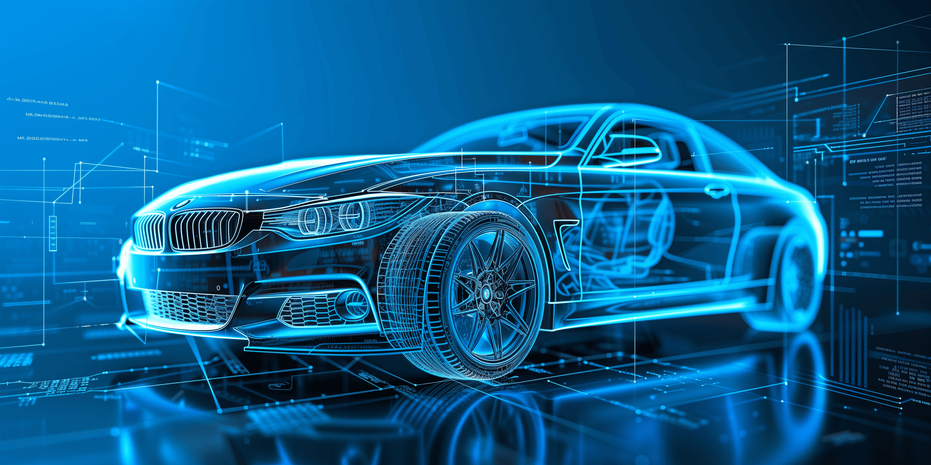 Stylized digital blueprint of an car ADAS system in a sleek computer rendered environment. 