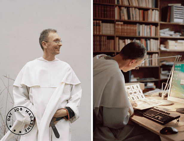 The image is split into two distinct parts. On the left, a man dressed in a white robe stands against a plain light-colored wall, facing right with a slight smile. He wears glasses and has short gray hair. On the right, a person in a white robe sits at a desk, leaning over a keyboard and looking down at a computer screen. A bookshelf filled with books is visible behind them. The computer screen displays a green window or screen.