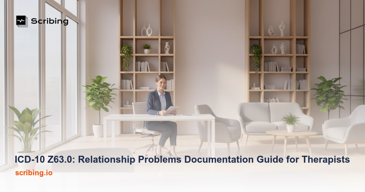 Therapy office with two chairs symbolizing relationship counseling and ICD-10 Z63.0 clinical documentation for behavioral health