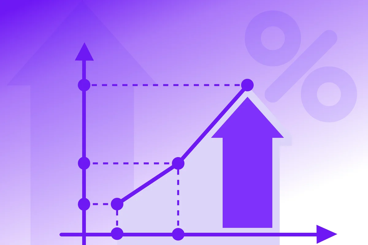 Line graph showing an upward trend with a purple background and percentage symbols in the upper right corner.
