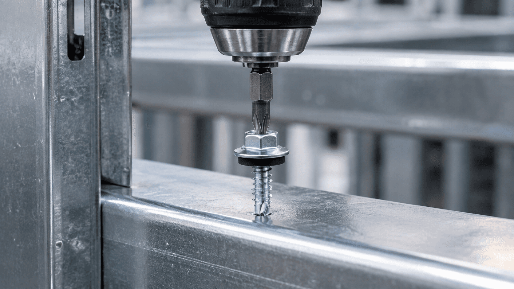 Hex washer head self-drilling screw being driven into steel framing