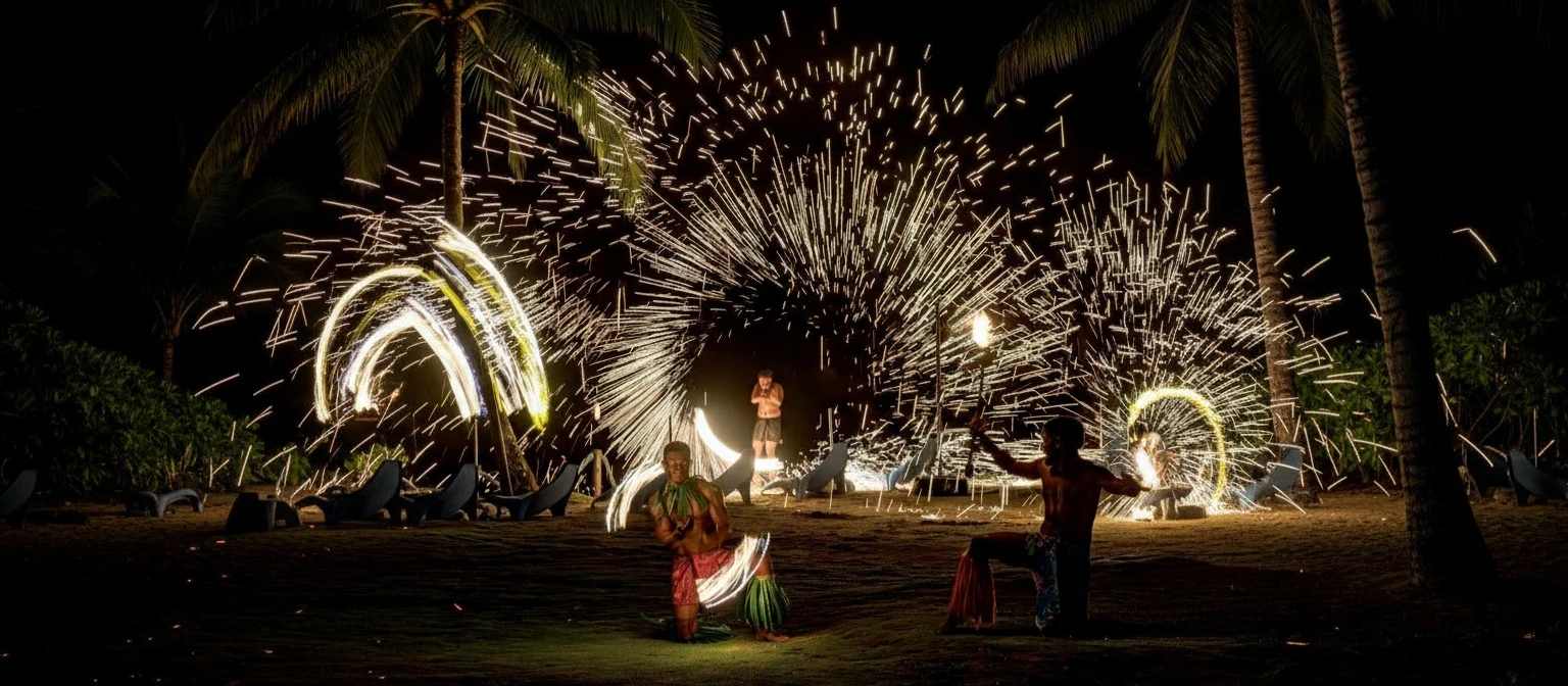 Fijian men performing dance with fire and sparkles are flying while performing a traditional dance