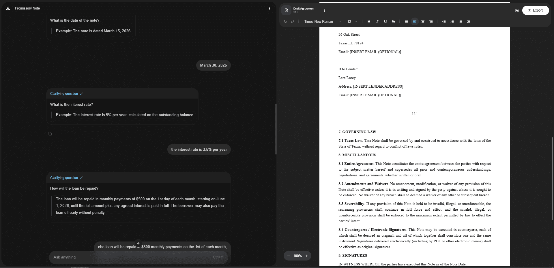 Split-screen interface showing an AI tool collecting promissory note details, including the note date, interest rate, and repayment terms, while generating the draft agreement on the right.