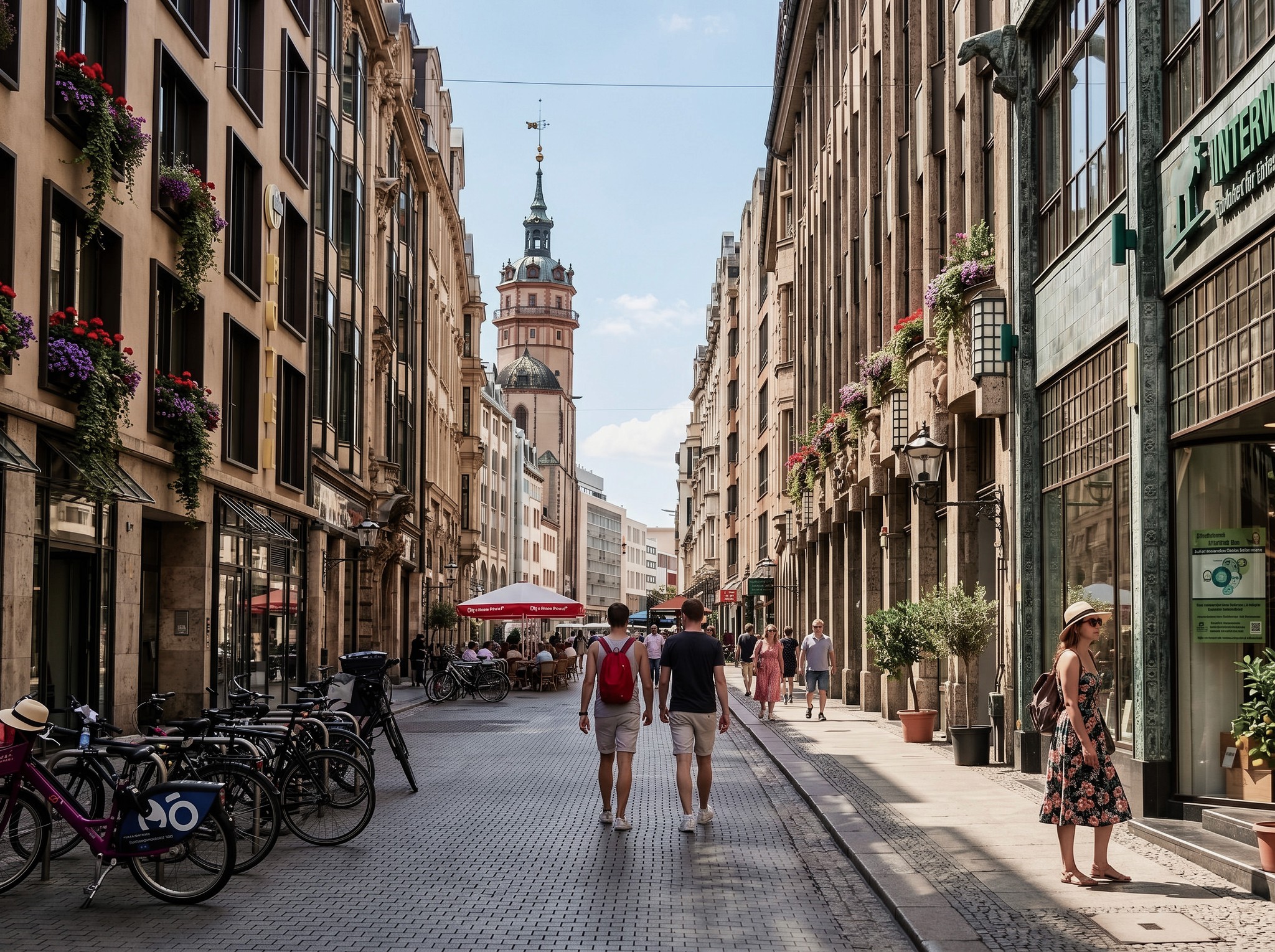 Blick in eine deutsche Innenstadt, wo digitale Buchhaltung für Selbstständige, Freiberufler und KMU gebraucht wird.