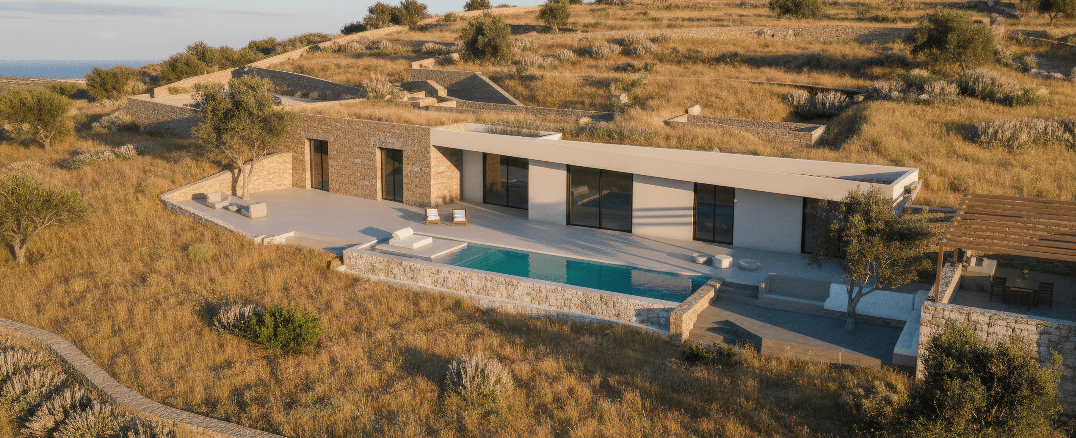 Aerial view of the Tinos Tessera villas near Triantaros
