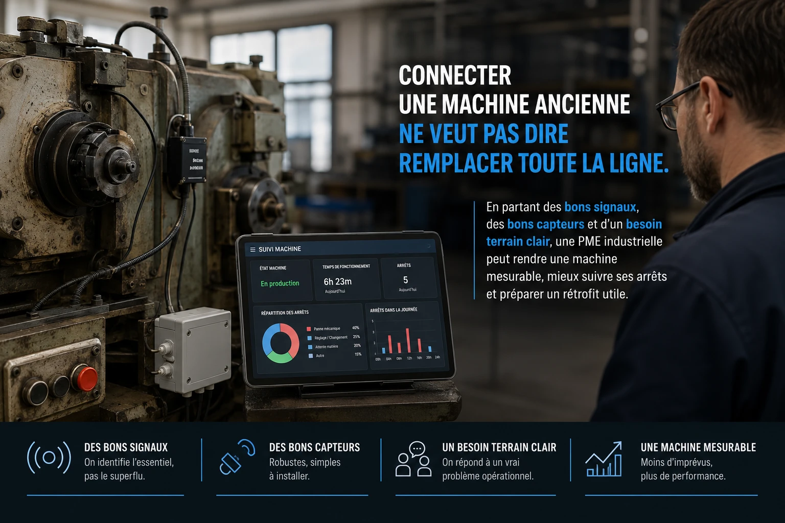 Machine ancienne connectée avec capteurs industriels pour suivre les cycles, arrêts et données de production