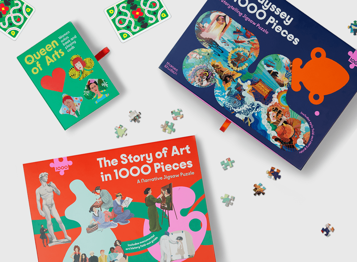 Colorful packaging for Thames & Hudson’s Gift Lab collection, featuring the Queen of Arts card game and two art-themed jigsaw puzzles with scattered puzzle pieces.