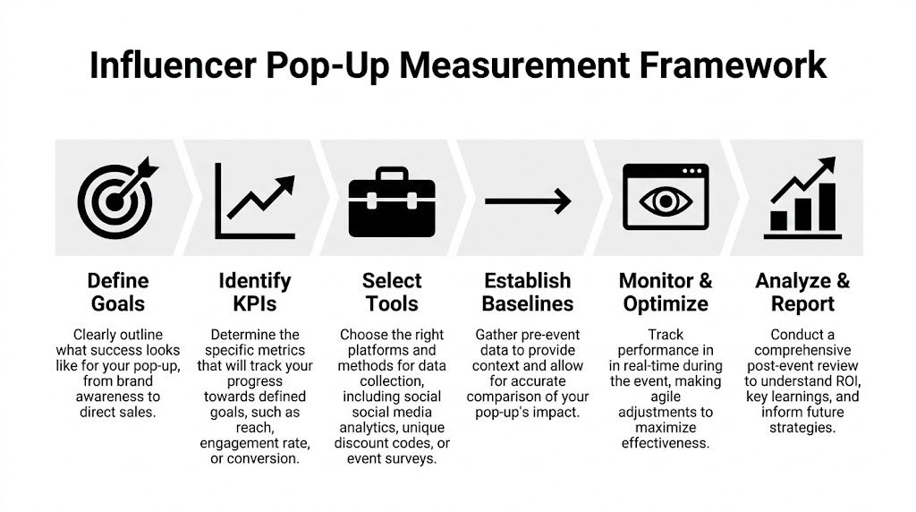A diagram outlining a six-step influencer pop-up measurement framework for events, covering goals to reporting.