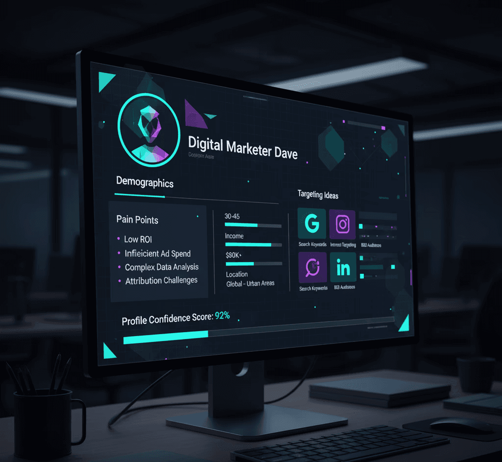 Customer persona builder tool interface. A free strategic AI marketing resource by Mahendra R, digital marketing specialist.