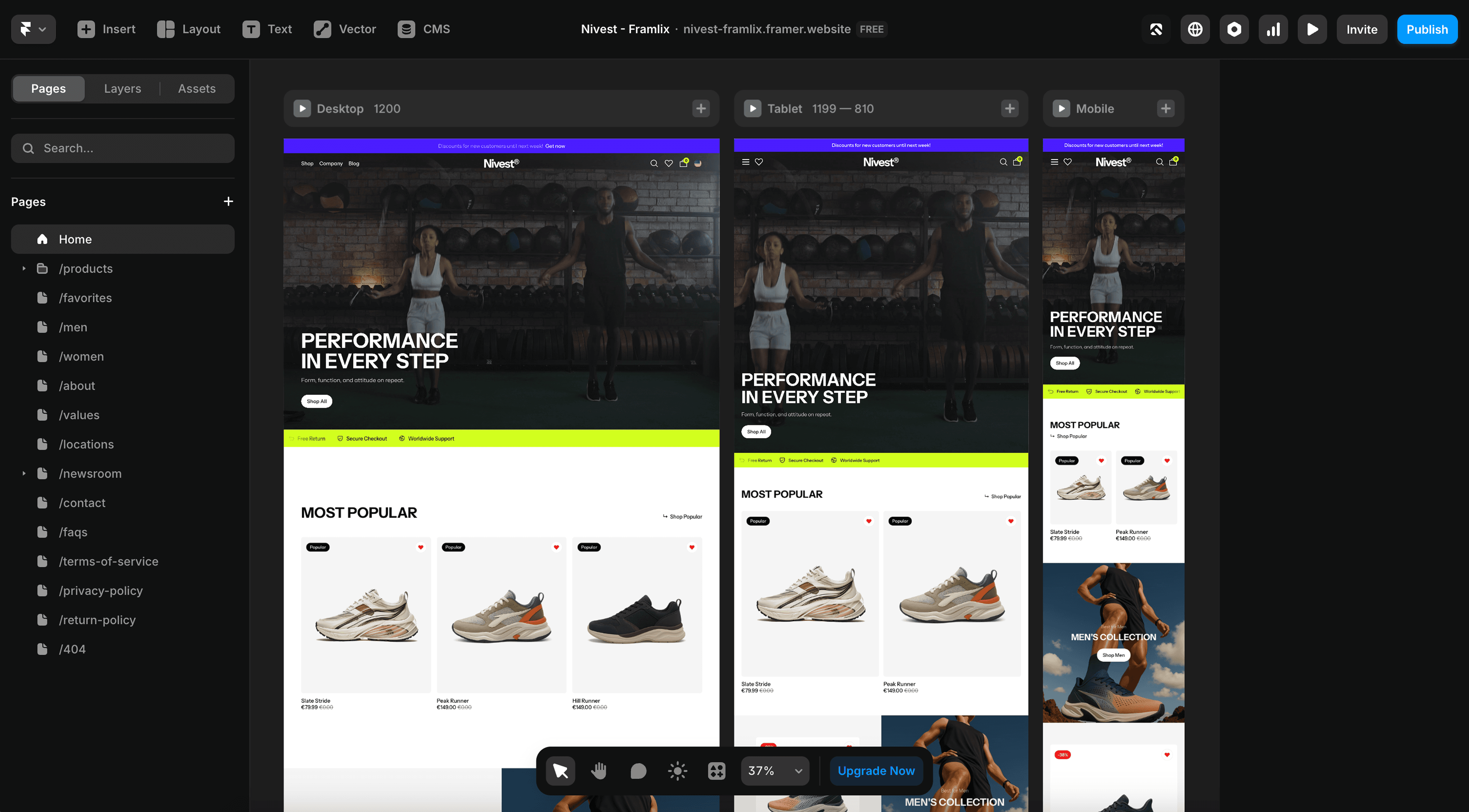 Framer editor view of the Nivest template showing full responsive design across desktop, tablet, and mobile breakpoints with high product performance.