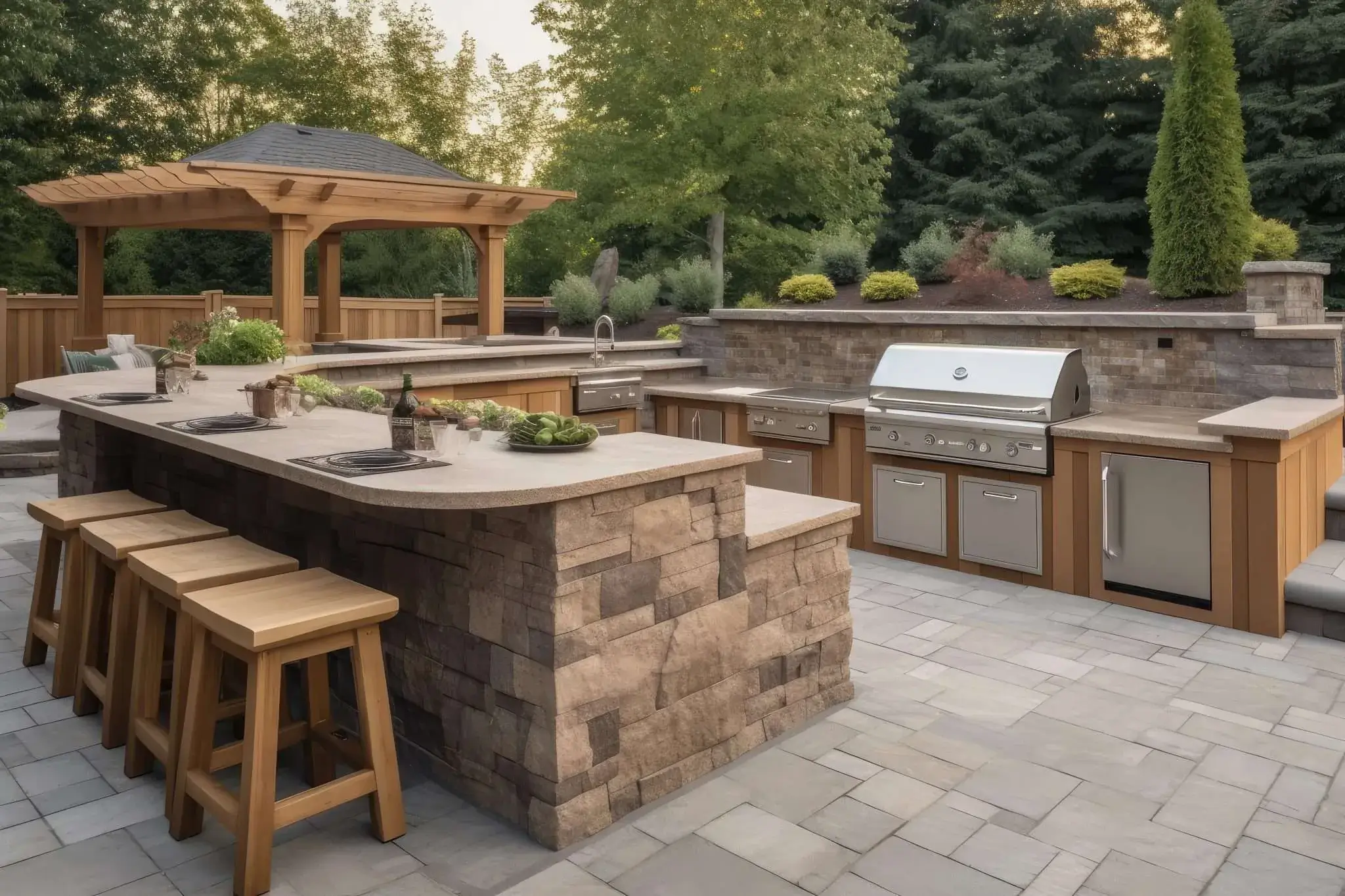 Modern + rustic style outdoor kitchen with stone countertops, wooden cabinets, with a grill, and seating area. 