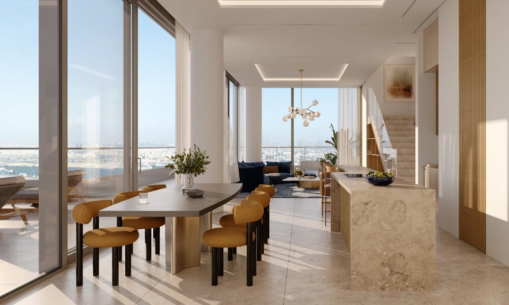 Modern living room layout with a chic couch and dining area, featuring ARIA by Beyond's aesthetic.