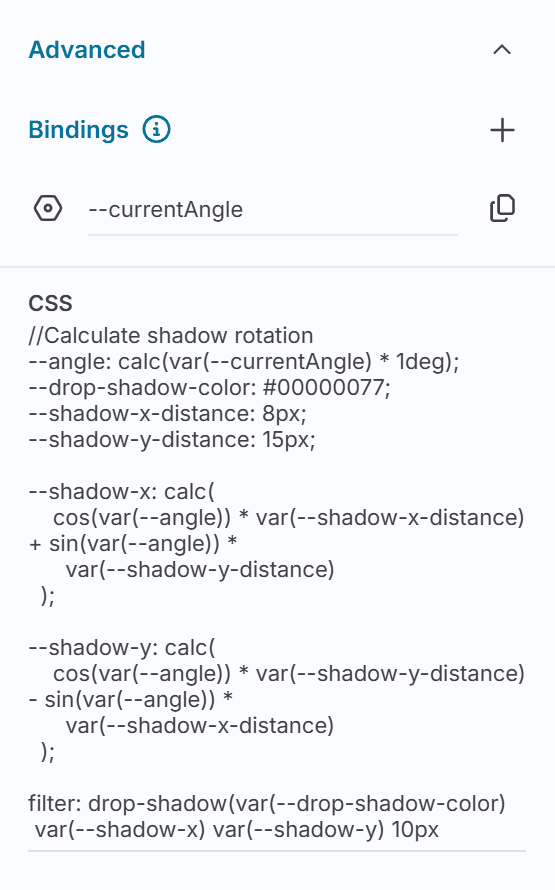 Advanced section in the Properties Panel showing Bindings and CSS subsections