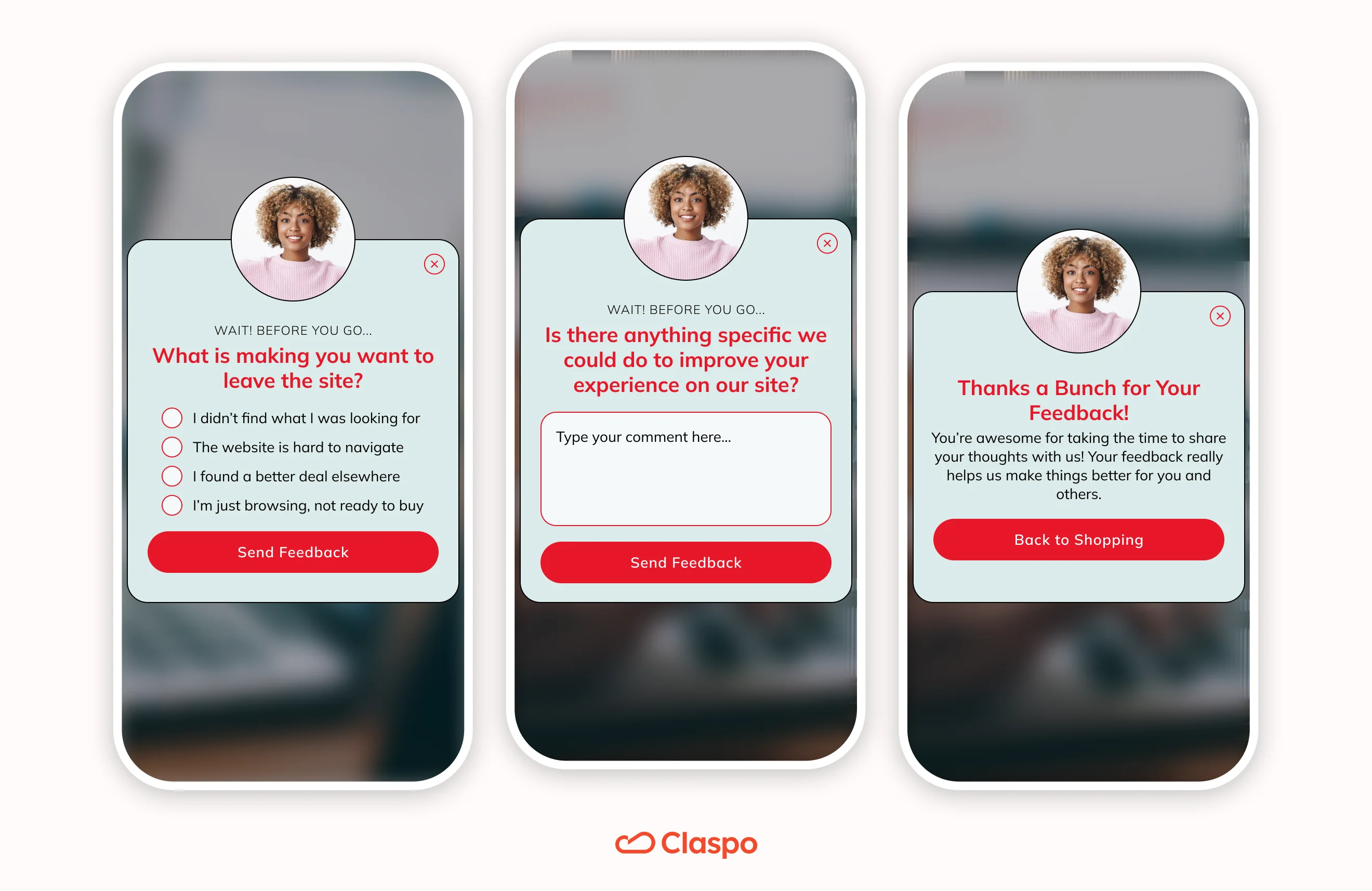 Claspo mobile exit survey popup template asking visitors why they want to leave the site