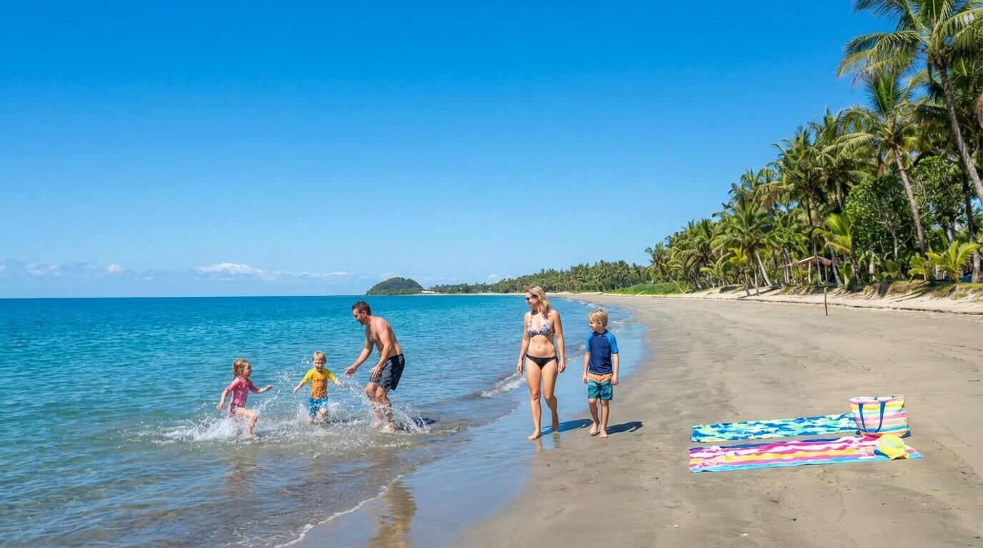 A young family playing with their kids at the edge of the water in the tropical sandy beaches of Fiji