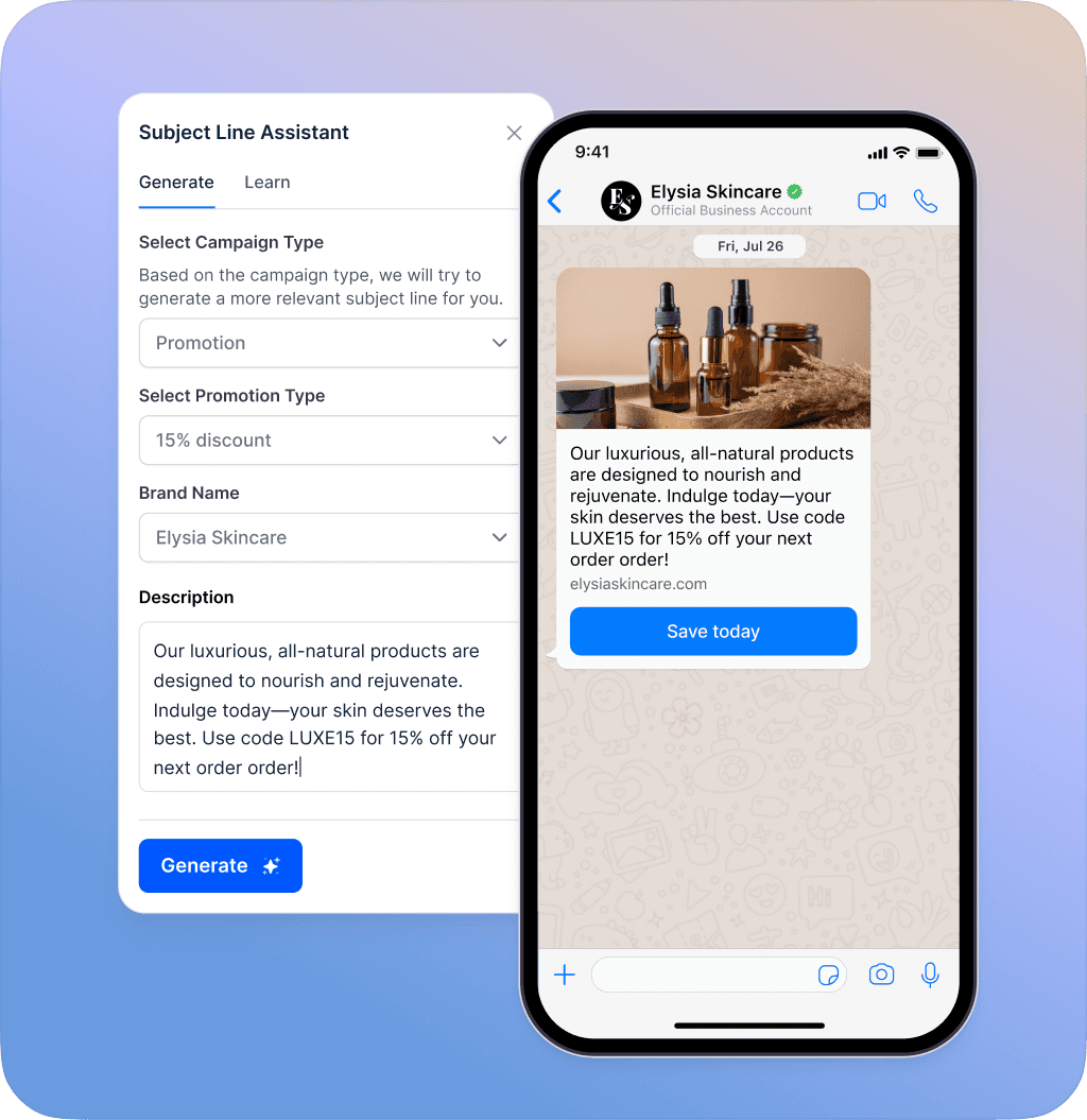 WhatsApp message editor interface with a subject line assistant for Elysia Skincare, offering a 15% discount promotion. Features include customizable message content and AI-generated suggestions to personalize the message for WhatsApp delivery.