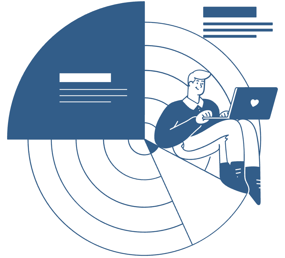 Illustration of a person with data analytics chart representing seeing the facts and progress tracking