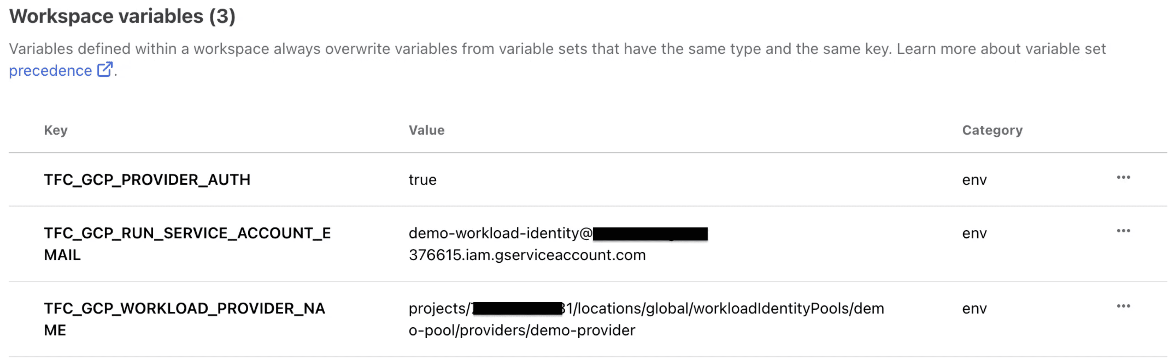 Screenshot of workspace variables from a configuration dashboard showing three key-value pairs for Terraform with Google Cloud Platform authentication, service account email, and workload provider name, categorized as environment variables.
