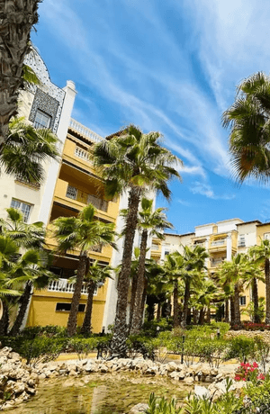 Low-angle view of a large building with palm trees and a pond in the foreground.