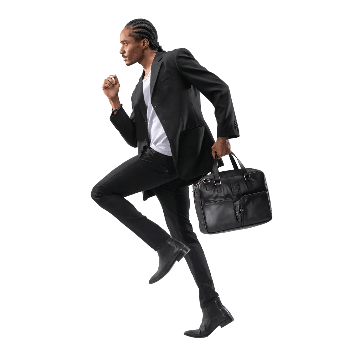 Man in a black suit with a black briefcase on a white background