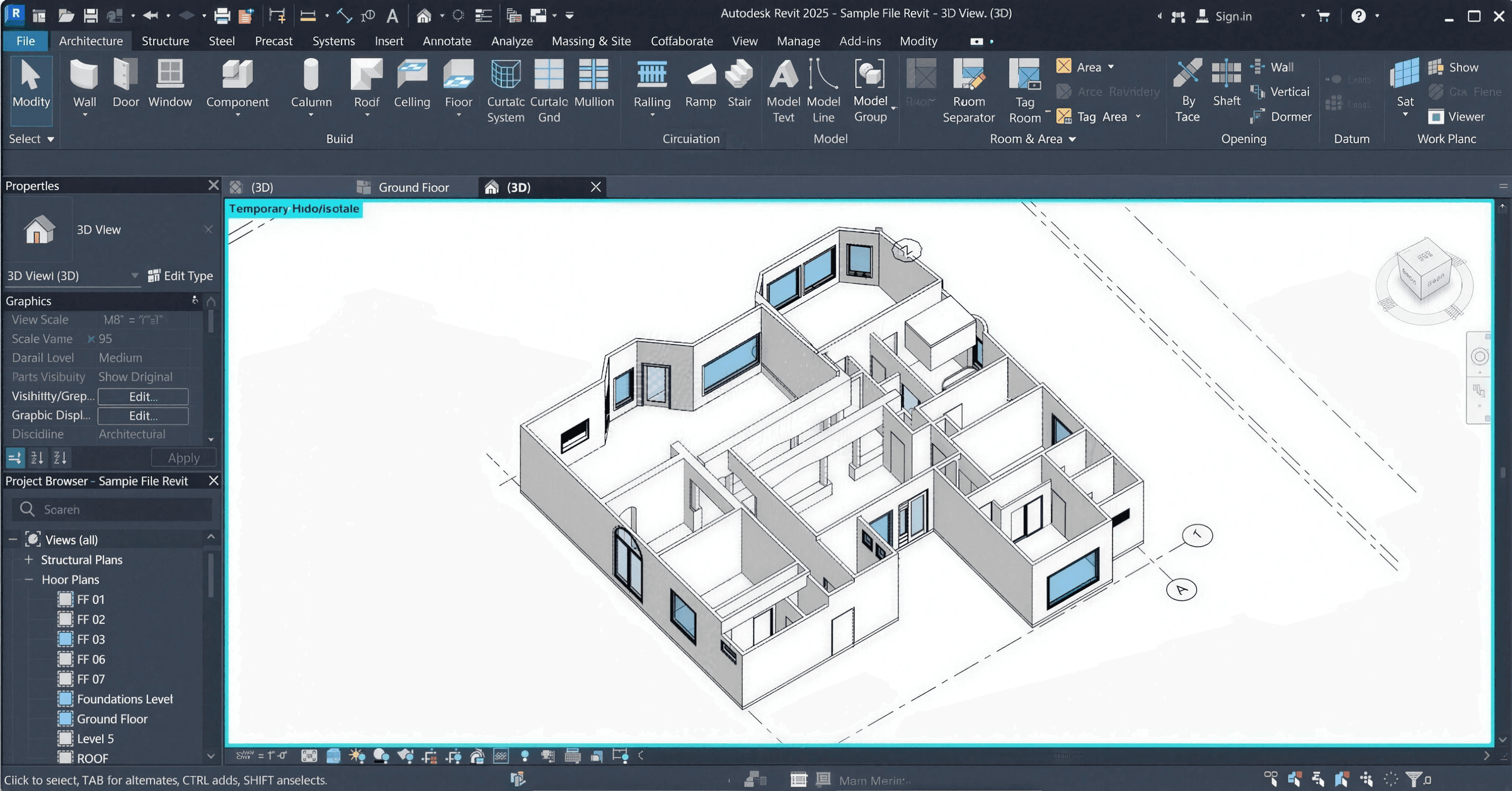 Native Revit 3D model with walls, openings and levels in Autodesk Revit