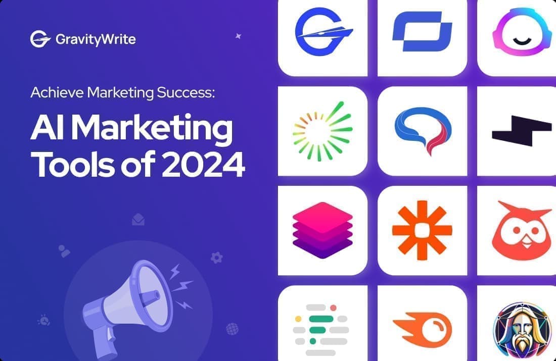 Promotional image for GravityWrite showcasing AI marketing tools for 2025, with logos of tools like SEMrush, Zapier, and Hootsuite for enhancing marketing success.