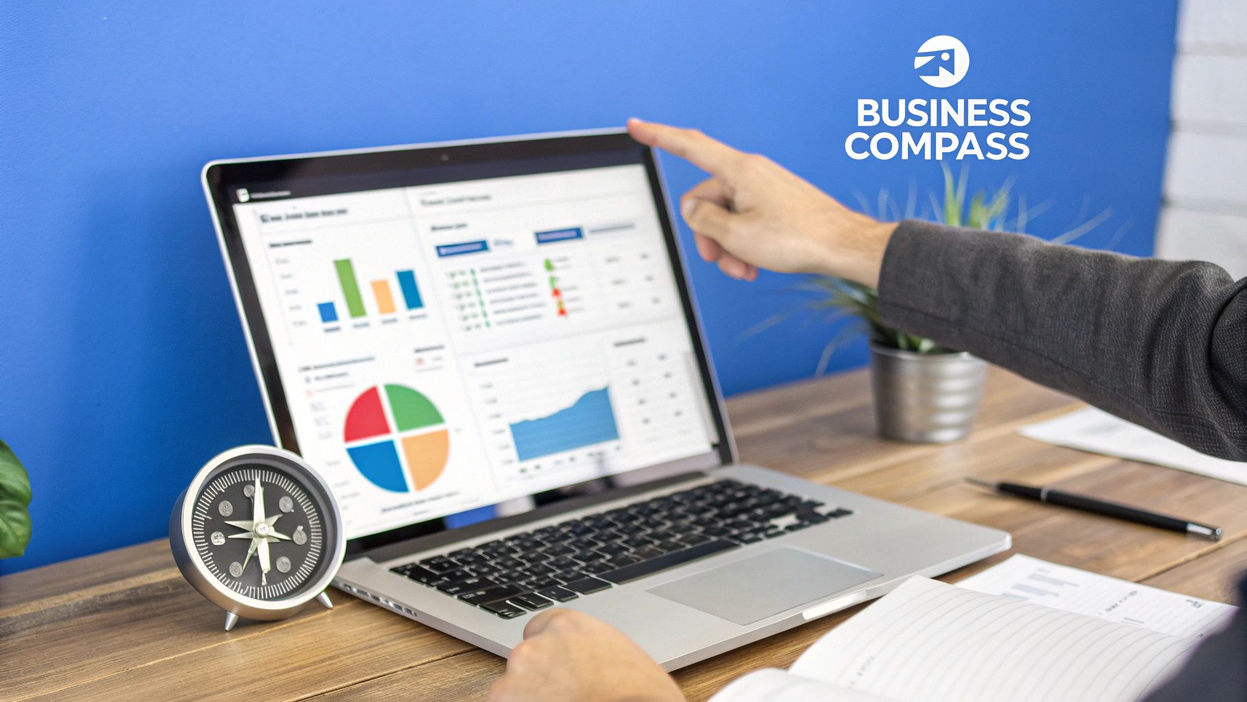 A compass pointing North with a blurred background of a business meeting, symbolizing guidance and direction in business.
