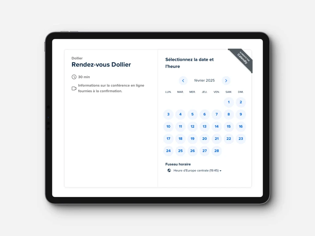 iPad affichant un calendrier de réservation, offrant une prise de rendez-vous simplifiée et intuitive.