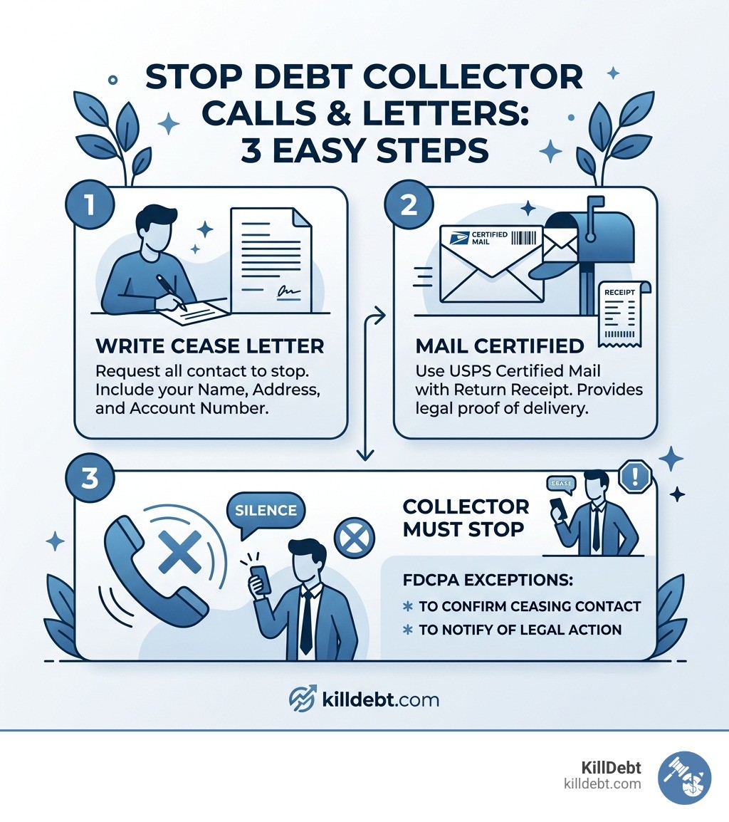 3-step infographic: write cease letter, mail certified, collector must stop contact with FDCPA exceptions noted - cease debt