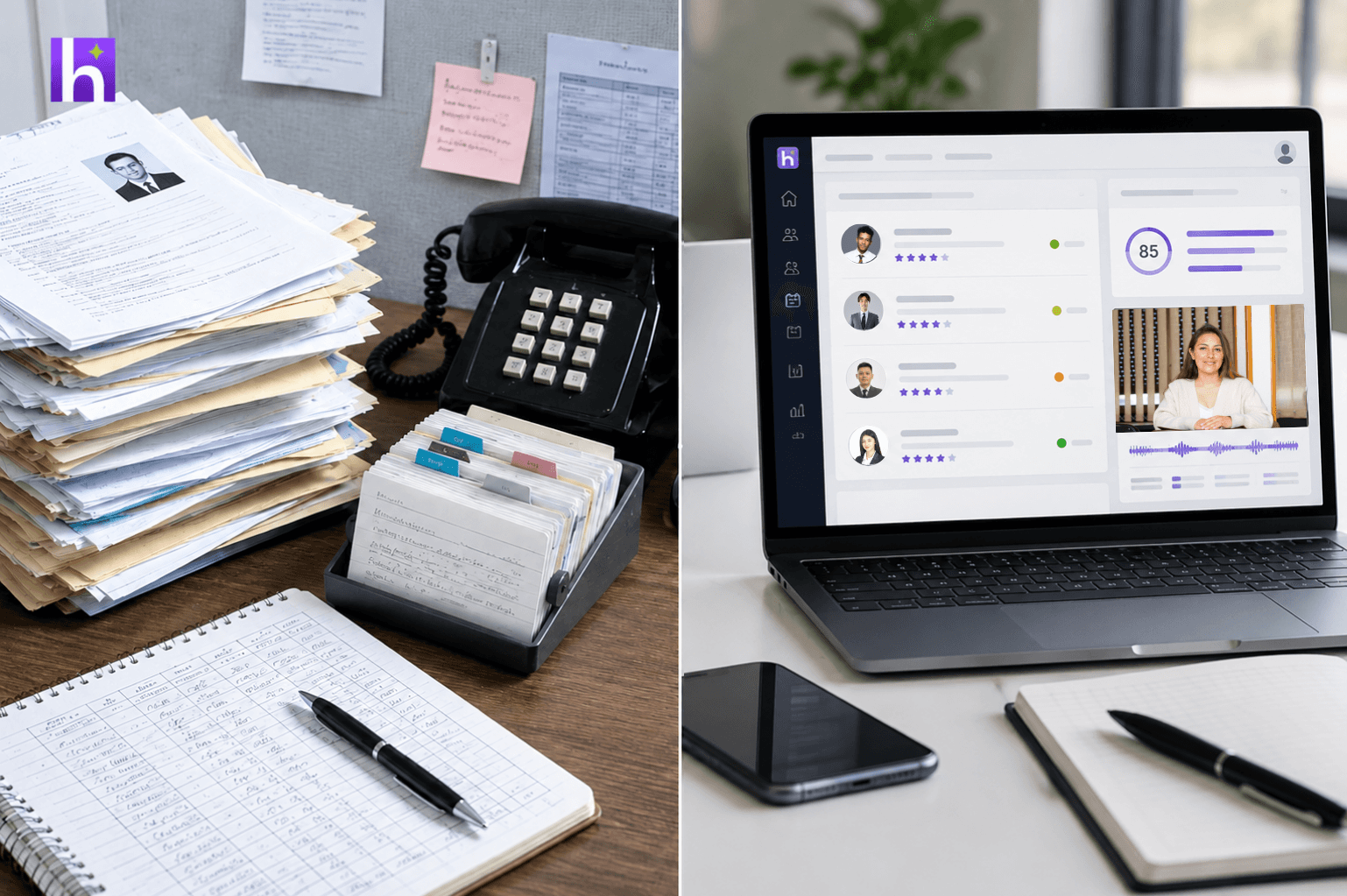 Split illustration comparing traditional manual recruiting tools to modern AI-driven hiring tools
