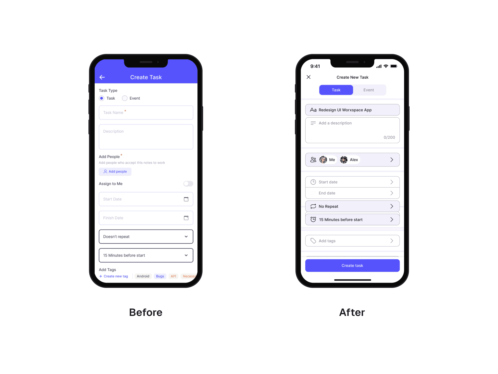 Before and after create task worxspace