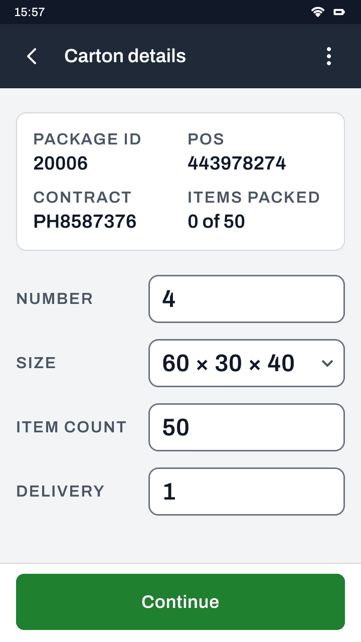 Carton details on the Cartonwise handheld: contract, carton number, size and delivery