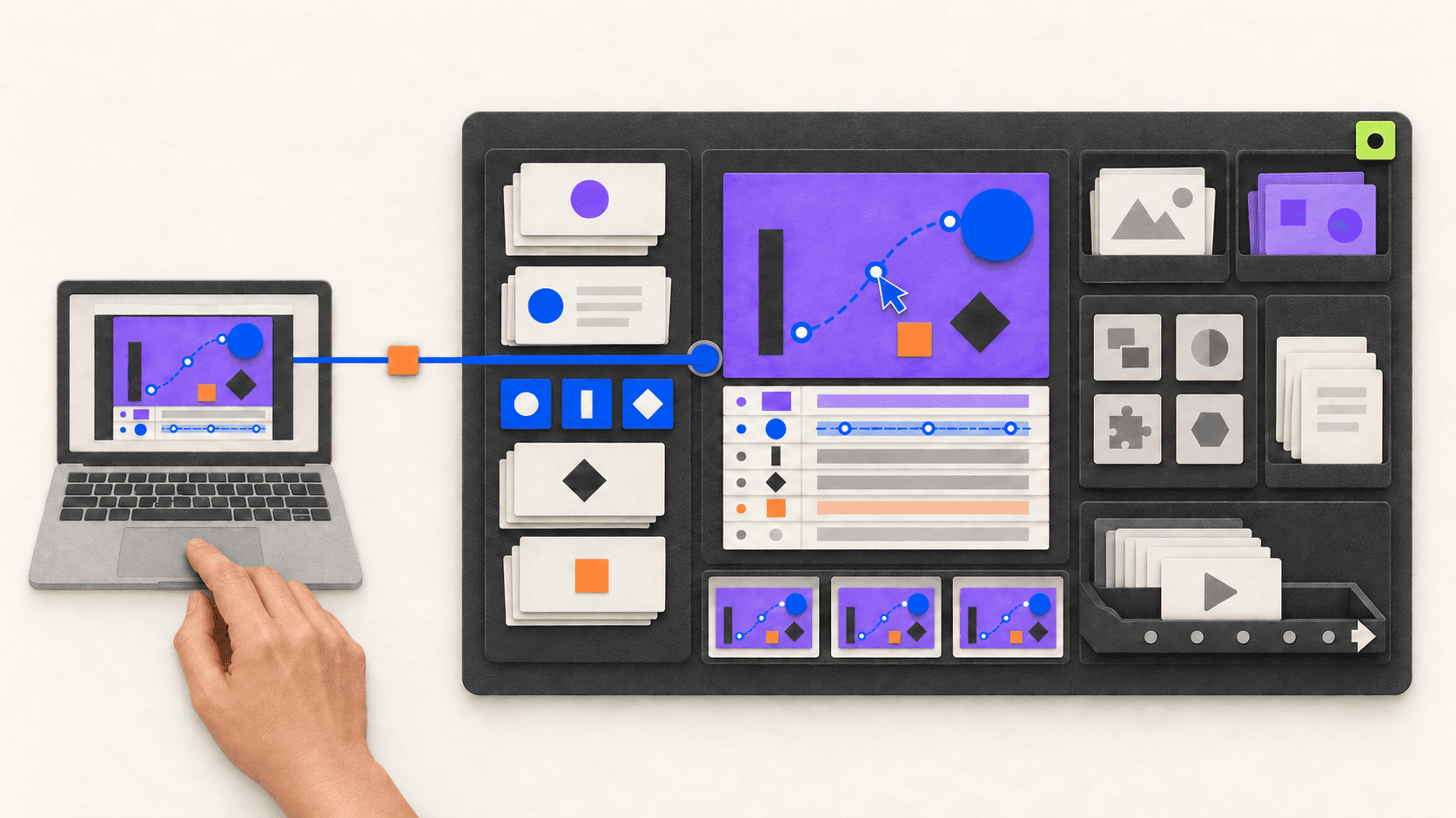 A laptop remotely controls a Vagon Cloud Computer containing an After Effects composition, project assets, previews, and render output.