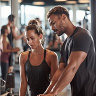 Fitness trainer assisting a member during training in a modern gym, both focused on the exercise. Blurry equipment and trainees in the background. Shows Safina as a smart solution for phone management in the sports and fitness sector.
