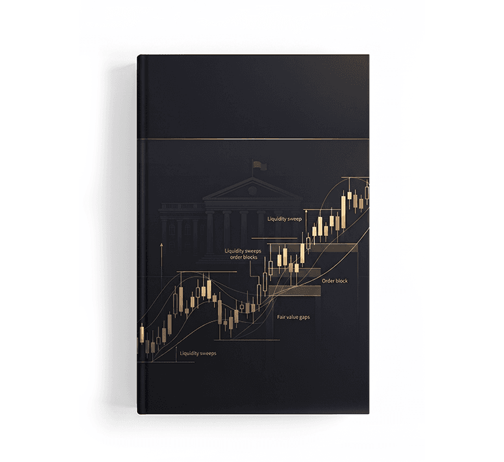 غلاف كتاب بخلفية سوداء وتصميم فاخر بلون ذهبي، يوضح رسماً لشموع يابانية ومستويات السيولة (Liquidity sweeps) ومناطق الأوامر (Order blocks) أمام مبنى حكومي أو بنك.