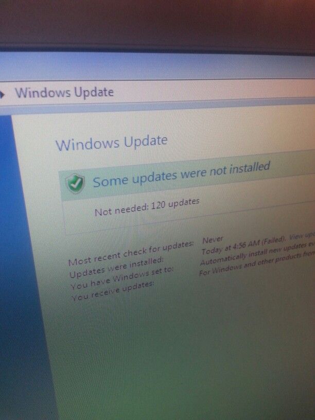 Photo of an older Windows Update screen reading "Some updates were not installed" and "Not needed: 120 updates"