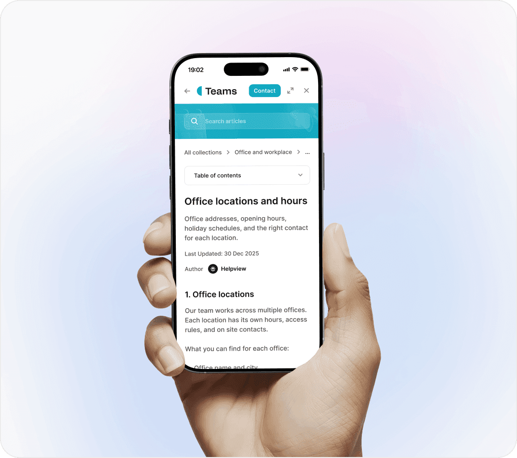 Mobile internal help center article about office locations and working hours.