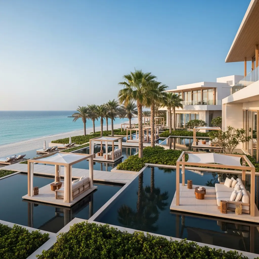 Palm trees frame a dramatic mountain valley landscape