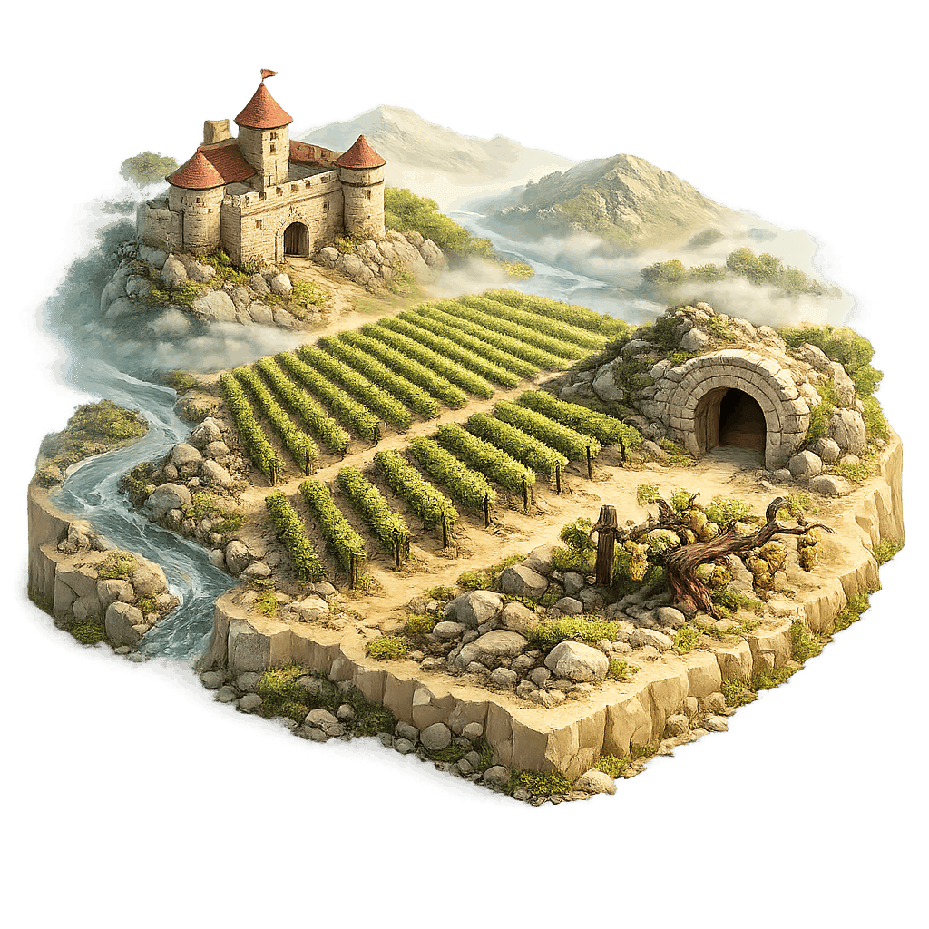 Artistic illustration of the Tokaji wine region.