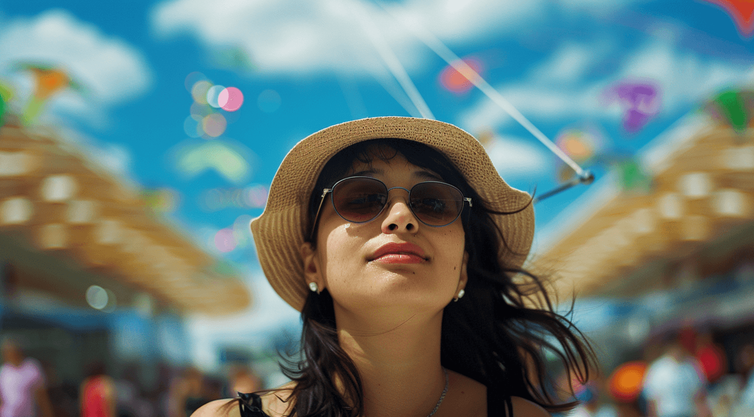 A young woman wearing a straw hat and sunglasses looks up with a smile. The background is vibrant and blurred, showing colorful kites and a bright blue sky with clouds