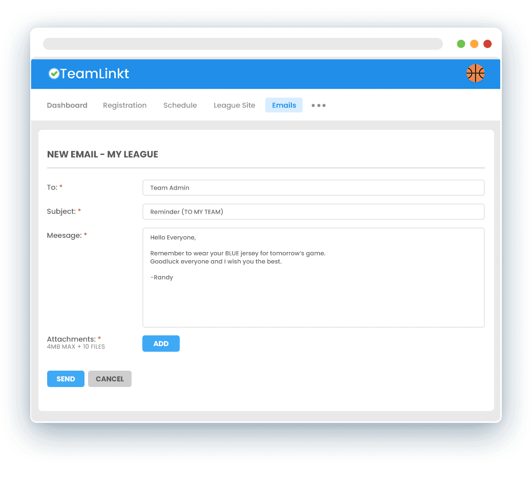 Sending an email announcement to your entire league or team with TeamLinkt