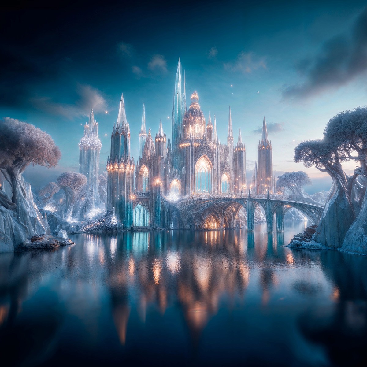 Märchenhaftes weißes glänzendes Schloss in einer blauen Seelandschaft