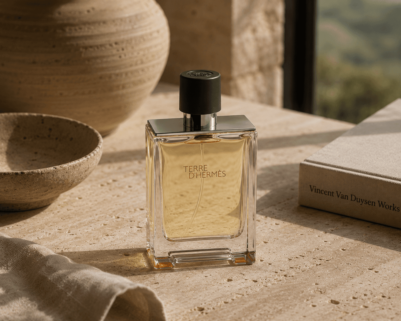 A clear glass rectangular bottle of Terre d'Hermès perfume filled with light amber liquid, featuring red typography and a matte black cap atop a silver shoulder. The bottle stands on a travertine stone surface next to a stone bowl, a large ceramic vessel, draped linen, and a book titled "Vincent Van Duysen Works" with green hills visible out the window in the backgroun