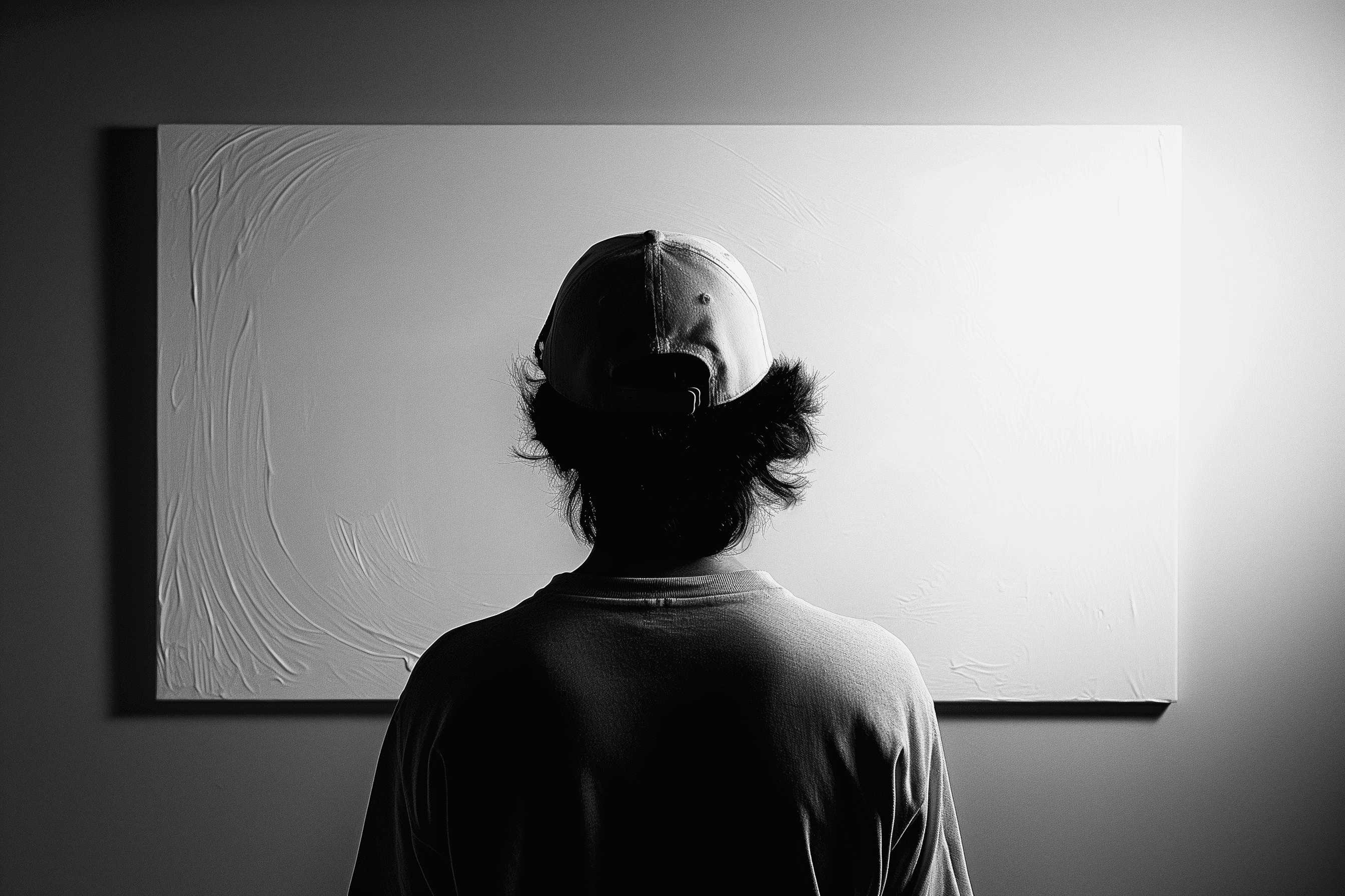 Silhouette of a person wearing a cap, viewed from behind, standing in front of a textured white canvas in a minimalist, dimly lit room.