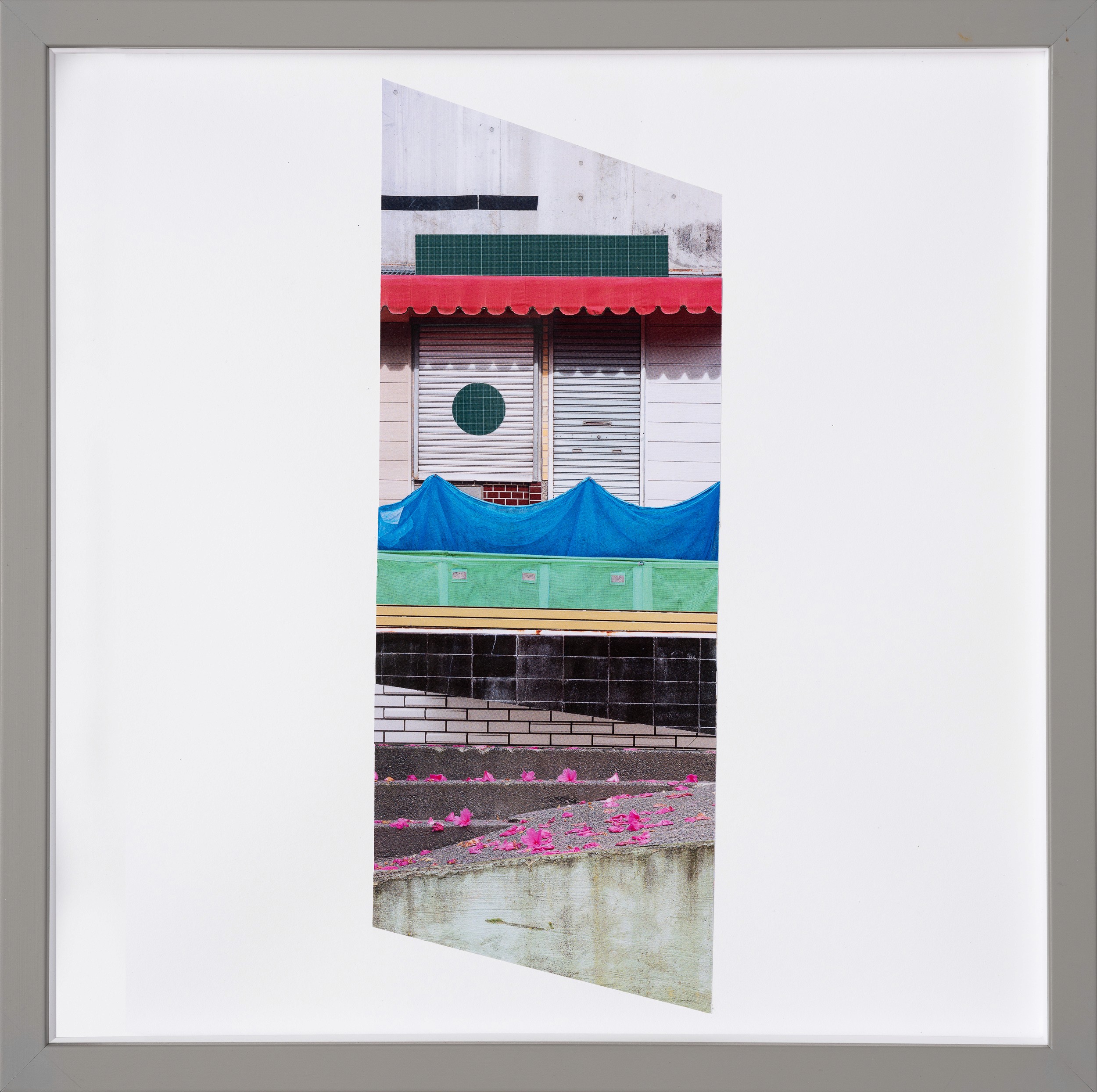 Collage layering a red awning, corrugated shutters, and stacked concrete textures. A blue tarp and a row of bright pink petals ground the composition with bold colour interruptions.