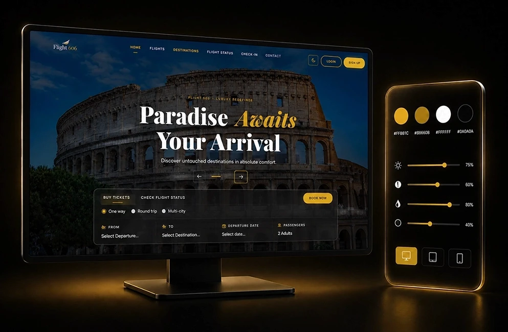 Luxury airline booking website UI design with dark gold theme, built by a Framer web developer