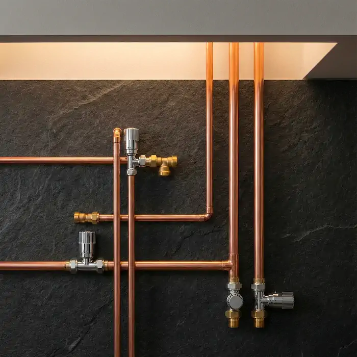 Installation de tuyaux en cuivre et raccords sanitaires sur un mur sombre, mise en lumière premium.