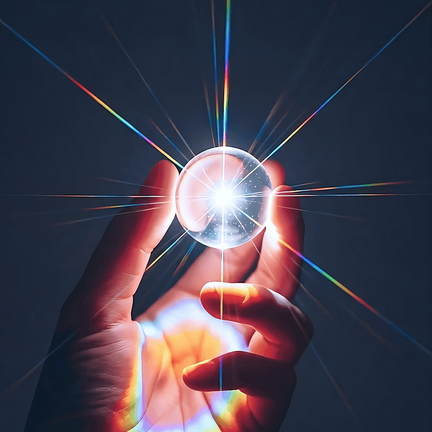 A figure holds a shimmering orb, radiating a spectrum of rainbow light, creating a captivating and ethereal glow.